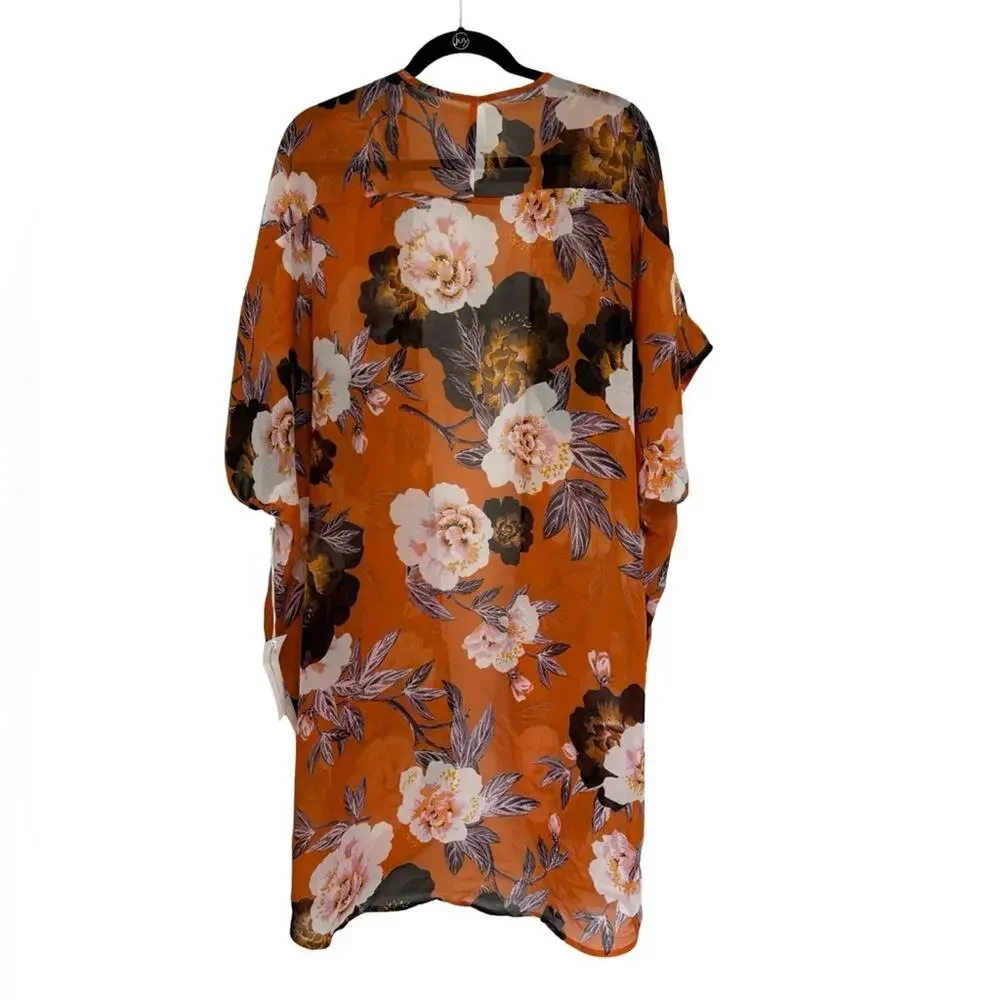 NEW Live 4 Truth Macro Floral Semi Sheer Lightweight Kimono Orange - Size 1X
